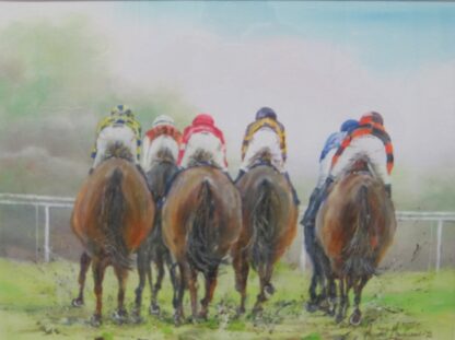 Original Irish equine painting. This is a painting of horse racing that captures the beautiful movement of the horses as they’re about to turn a bend.